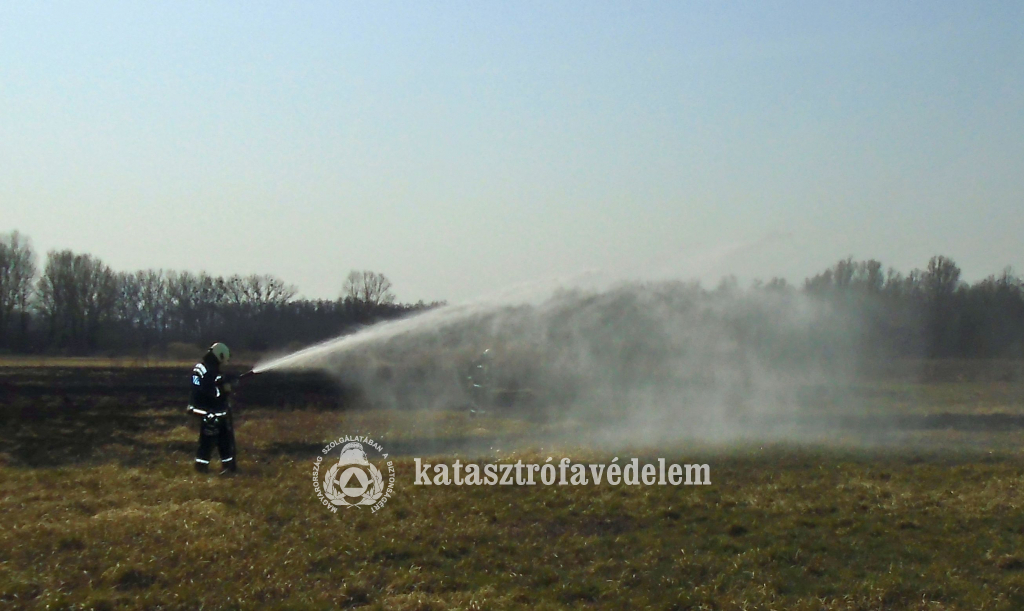 tűzoltó oltja a szabadterületi tüzet
