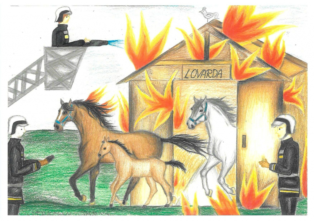 rajz: lovarda lángol, lovak futnak ki, tűzoltók oltják
