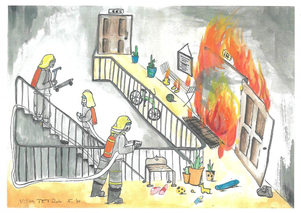 rajz: a 666-os lakás ég, a tűzoltók érkeznek