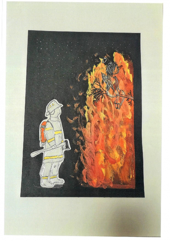 rajz: tűzoltó nézi a lángoló faágat